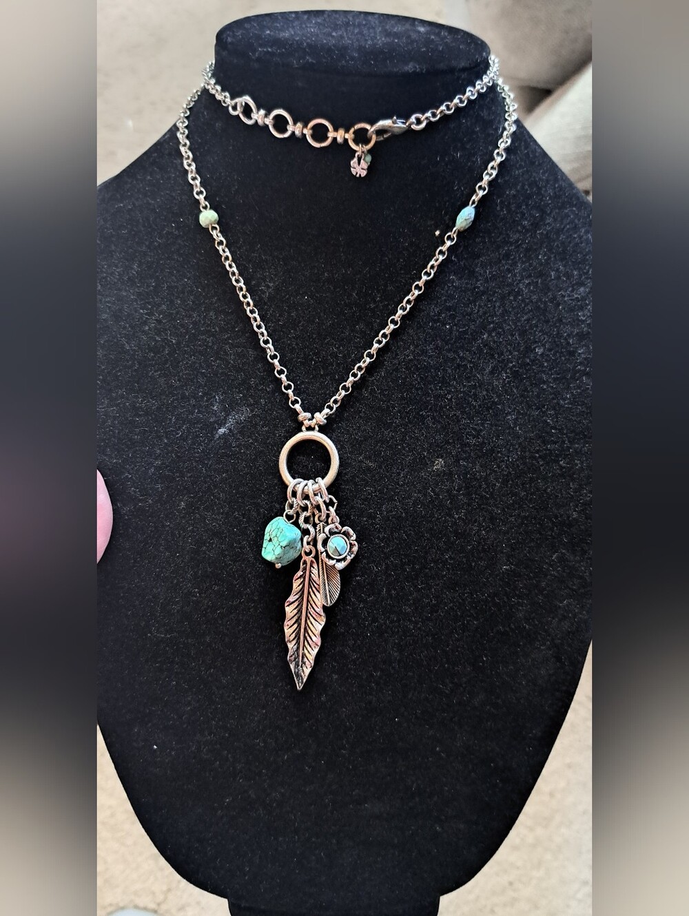 LUCKY BRAND Statement Charms  Necklace Feather Faux Turquoise Silver Tone